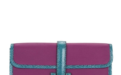 Hermès Anemone and Bleu Petrole Jige Duo Touch Wallet of Swift Leather and Varanus Niloticus Lizard