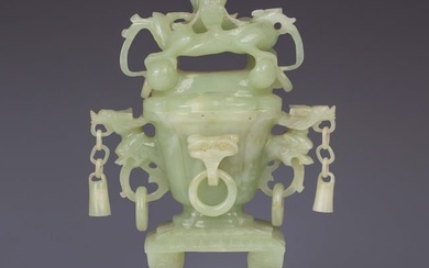 Hollow carved dragon, phoenix and ring celadon jade treasure box