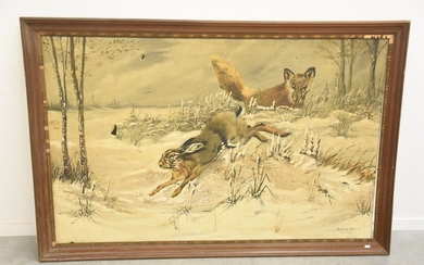 Huile sur toile signée Delvenne Hubert 1928 "Renard et lièvre" (95 x 150cm) toile trouée...