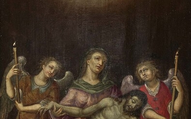 Italie ( ?)c. 1600 Pietà avec anges Huile sur bois. 39,5 x 29,2 cm. Parqueterie....