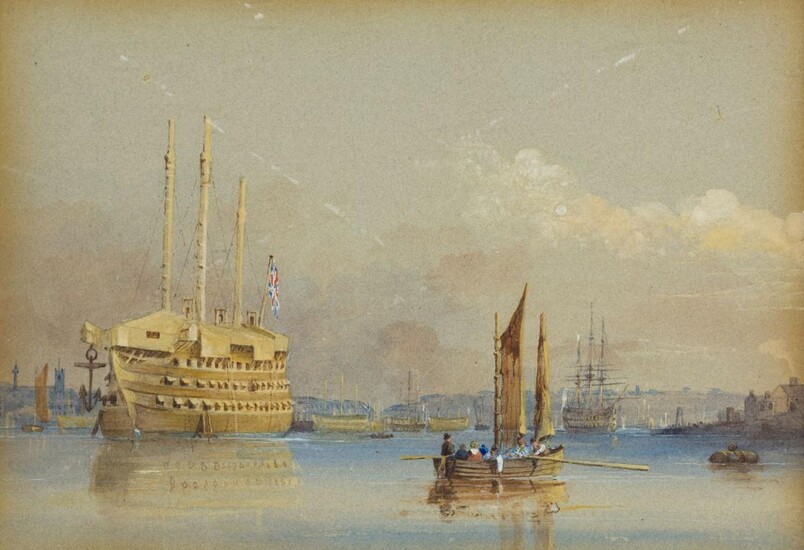 James John Wilson Carmichael, British 1800-1868- Man-o-war at anchor; pencil and watercolour heightened with touches of white on paper, 10.7 x 16.9 cm. Provenance: with Thomas Agnew & Sons, London [no.24737]; Private Collection, UK (by descent)...