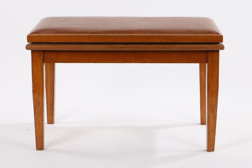 James Shoolbred and Co. mid 20th Century teak stool/ luggage rack, the hinged brown leatherette
