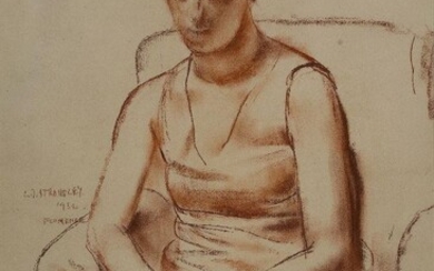 James Stroudley ARCA, British 1906-1985- Sitting female figure, Florence, 1932; red chalk on paper, 62.5 x 42.2 cm: together with another red chalk on paper work by the same artist, 'Sitting woman', 58.3 x 40.5 cm and an unframed red and black...