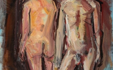 Jens Søndergaard: Naked couple. Signed Jens Søndergaard. Oil on canvas laid on masonite. 88×65 cm.