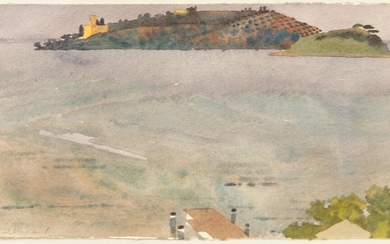 John Newland, British b. 1936- View of a distant island; watercolour, signed, 15.5 x 23 cm (ARR)