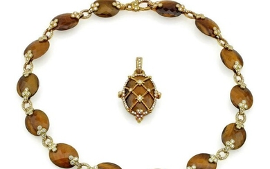 Judith Ripka 18K YG Tiger Eye & Diamond Necklace