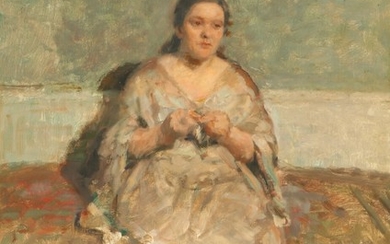 Julius Paulsen: Portrait of a knitting woman. Signed and dated Jul. Paulsen 20. Oil on canvas. 66×50 cm.