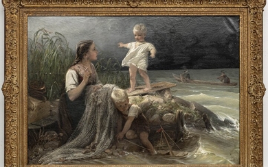 KARL RAUPP (GERMAN, 1837–1918) OIL ON CANVAS, 19TH CENTURY H 25.25" W 36" MOTHER MENDING FISHING NETS WITH CHILDREN PLAYING