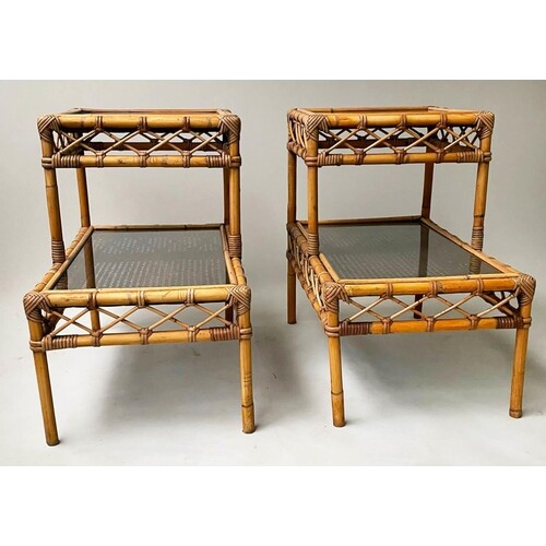 LAMP TABLES, a pair, bamboo framed and cane bound, of two ti...