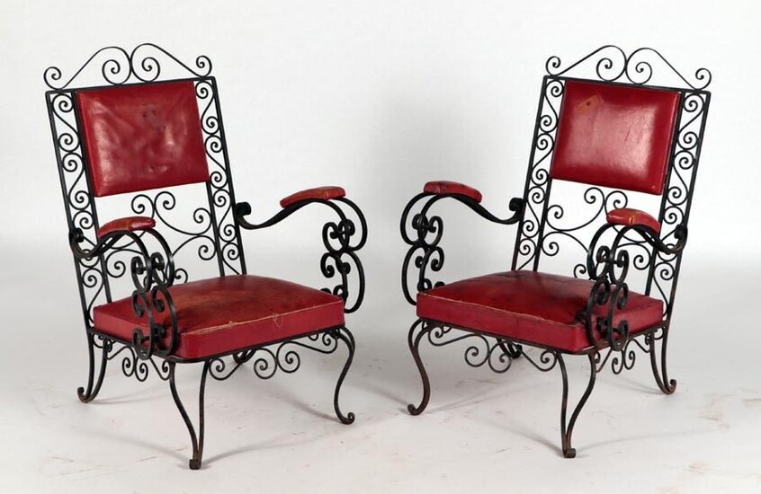 LARGE ORNATE PAIR FRENCH IRON ARM CHAIRS 1940
