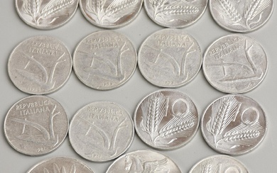 LOTTO DI LIRE ITALIANE composto da 15 monete da 10 lire varie annate di...