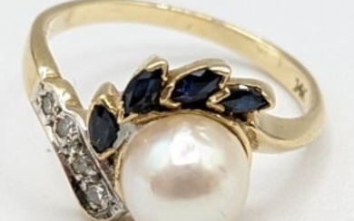 Ladies 14K Yellow Gold Pearl Sapphire Diamond Ring