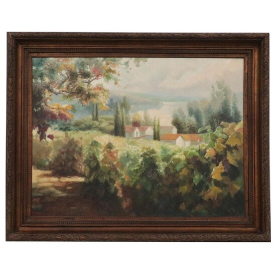 Large-Scale Village Landscape Oil Painting, Circa 2000