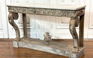 Large Whitewash Carved Wood Console Table