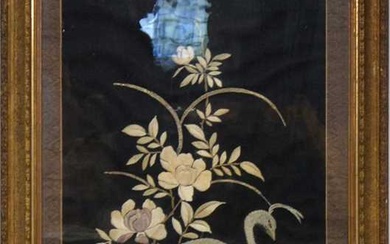 Large embroidered silk panel of a peacock on floral branches, black ground