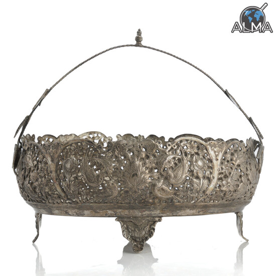 Large-sized Persian Silver Basket Decorated w/ Impressive Sawing