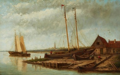 Late 18th/early 19th Century Continental School, Docked boats with figures, Oil on panel, 11.75" H x