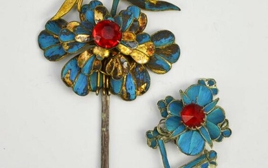 Lot Of Two Antique Chinese Kingfisher Feather Hairpins