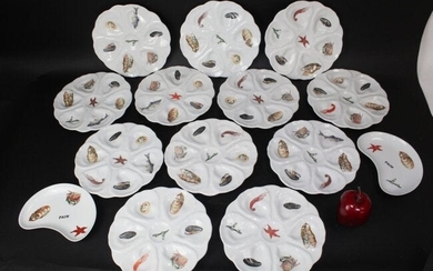 Lot of 12 French porcelain oyster seafood plates