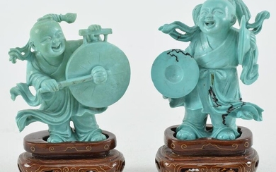 Lot of 2 carved Chinese turquoise figures on wood