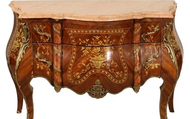 Louis XV Style Carved Marquetry Marble Top Commode