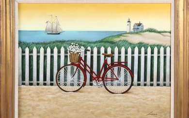 Lowell Herrero Oil on Canvas "Bicycle at the Beach", circa 1988