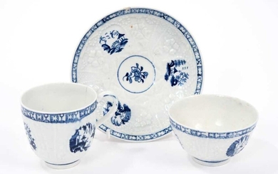 Lowestoft tea bowl, coffee cup and saucer, of Hughes type with moulded florets, trelliswork and circular panels painted in blue with various Chinese landscapes, saucer 12cm diameter