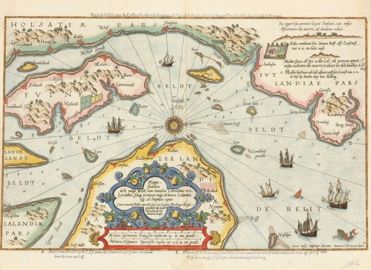 Lucas Jansz Waghenaer: “Mappa fluminis… (Carte de la Belt)”. Handcoloured engraved chart over the Danish sea. Published c. 1590. 39.5×54 cm. Unframed.