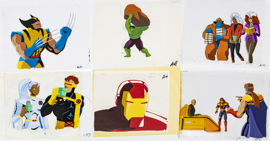 MARVEL PRODUCTION ANIMATION CELS AND SKETCHES, C. 1990S, H 10", W 12", "X-MEN: THE ANIMATED SERIES", "IRONMAN"