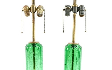 MID-CENTURY GREEN BUBBLE GLASS & BRASS LAMPS