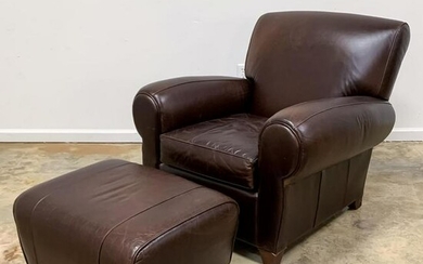MITCHELL GOLD BROWN LEATHER CHAIR & OTTOMAN