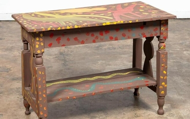MOSE TOLLIVER, OUTSIDER ART, PAINTED TABLE, SIGNED