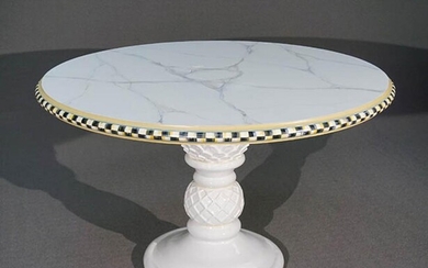 MacKenzie-Childs Painted and Decorated Wood Faux Marble Top White Glazed Pedestal Base Table
