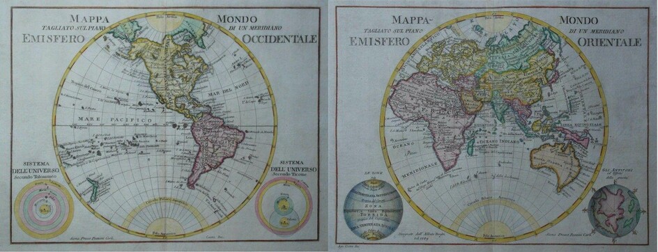 Mappamondo tagliato sul piano di un meridiano Emisfero Occidentale / Mappamondo tagliato sul piano di un meridiano Emisfero Orientale