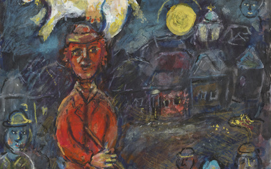 Marc Chagall (1887-1985) Violoncelliste rouge et bouc jaune dans le ciel sombre