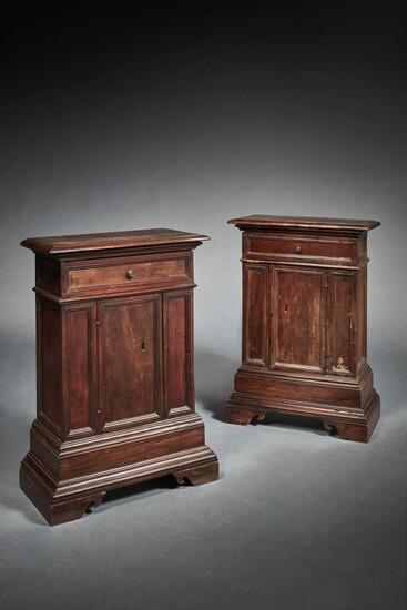 Matched pair of Italian Renaissance carved walnut one-door credenzas Late 16th Century and later , Matched pair of Italian Renaissance carved walnut one-door credenzas Late 16th Century and later