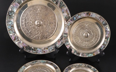 Mexican Abalone Rimmed Alpaca Silver Wall Plates of Embossed Aztec Calendars