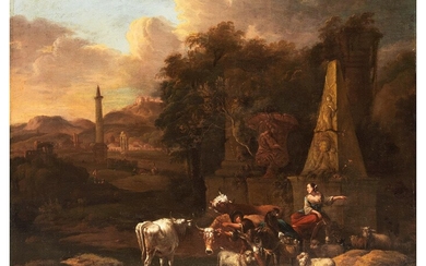 Michiel Carrée, 1657 Den Haag – 1727 Alkmaar, ARKADISCHE LANDSCHAFT MIT HIRTENIDYLLE UNTER ANTIKEN MONUMENTEN