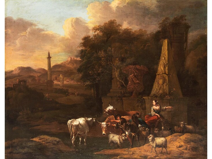 Michiel Carrée, 1657 Den Haag – 1727 Alkmaar, ARKADISCHE LANDSCHAFT MIT HIRTENIDYLLE UNTER ANTIKEN MONUMENTEN