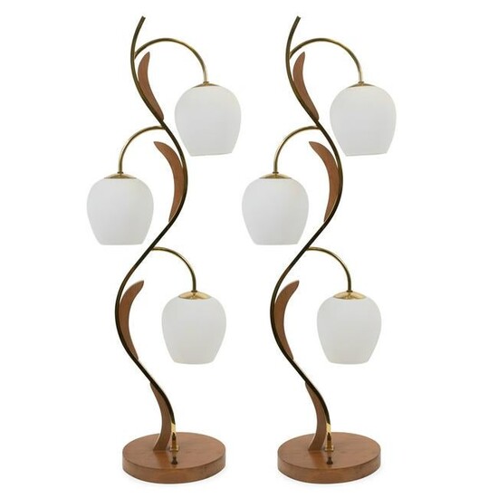 Mid Century Walnut and Brass Lamps - Pair
