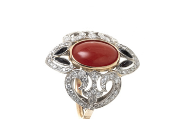 Art Deco style ring in gold and platinum with coral, diamonds and onyx.