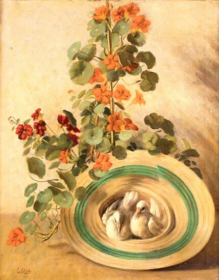 Natura morta di fiori con colombe, Evangelina Gemma Alciati (Torino, 1883 - Torino , 1959)
