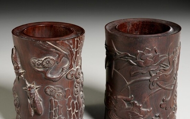 Near pair Chinese carved hardwood brush pots