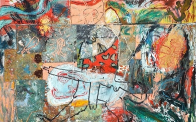 Nils Erik Gjerdevik: Composition, 1987. Signed and dated on the reverse. Oil and mixed media on canvas. 176×186 cm.