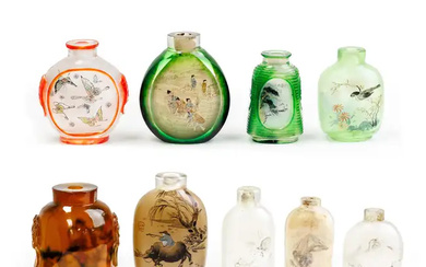 Nine Chinese inside-painted glass snuff bottles 20th century Including one imitation-agate...