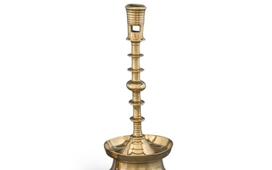 Very Fine and Rare Northwestern European Cast Brass Five-Knop Circular-Based Candlestick, Late 15th Century