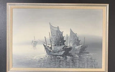 Oil on board Painting - "Three Ships at Sea" Signed