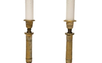 PAIR, FRENCH EMPIRE BRONZE CANDLESTICK TABLE LAMPS