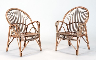 PAIR FRENCH RATTAN OPEN ARM CHAIRS C 1960
