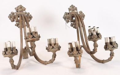 PAIR LARGE GOTHIC INSPIRED 3-ARM WALL SCONCES